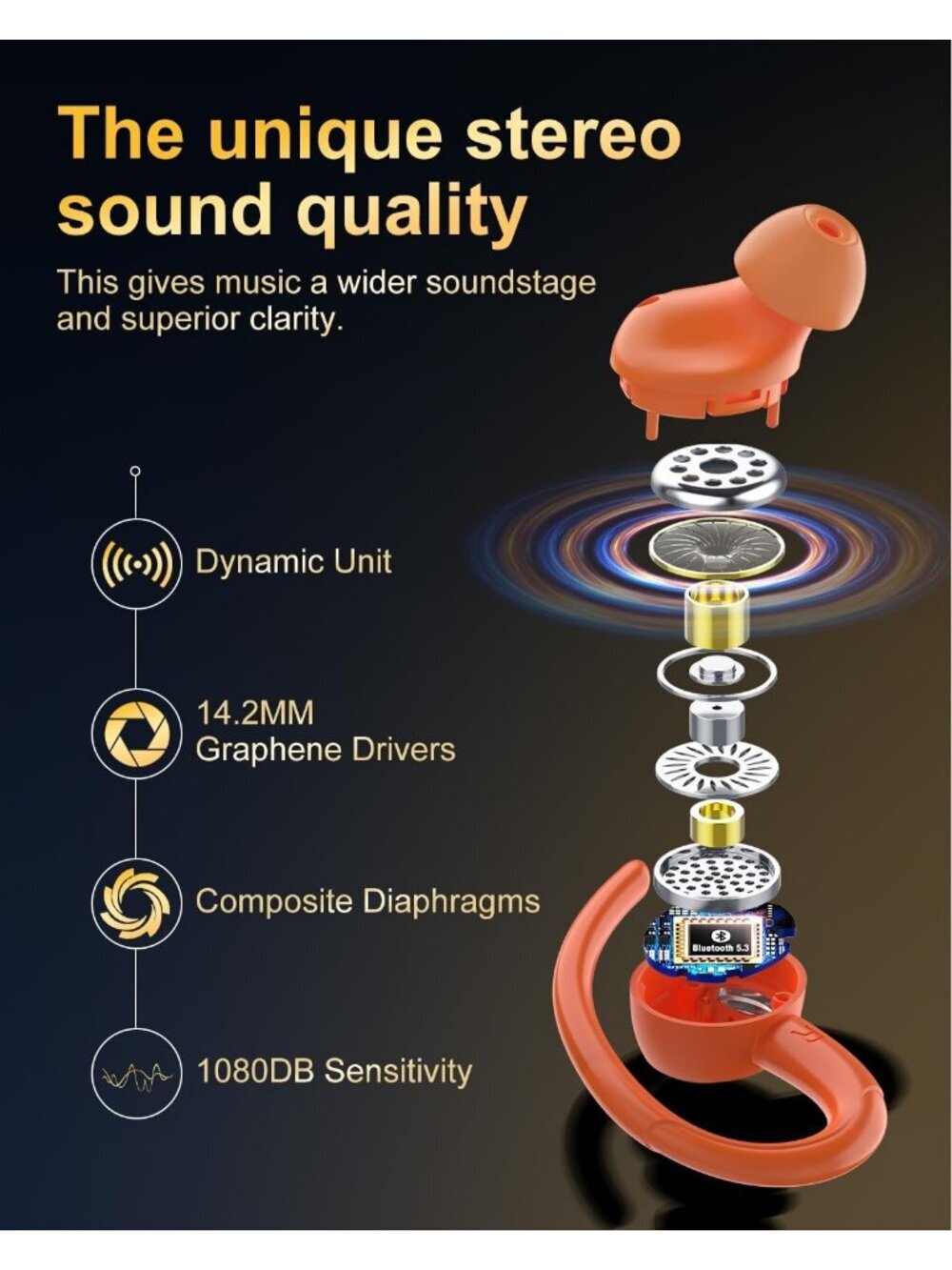 Wireless Orange ENC Noise Cancelling 48H Earhooks Deep Bass Bluetooth 5.4 Earbud - Picture 2 of 6